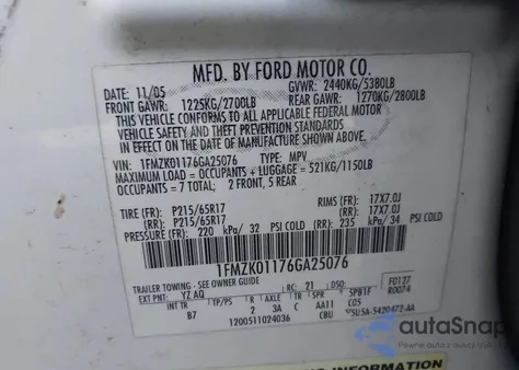 2006 Ford Freestyle Se из США, поврежденный, VIN 1FMZK01176GA25076